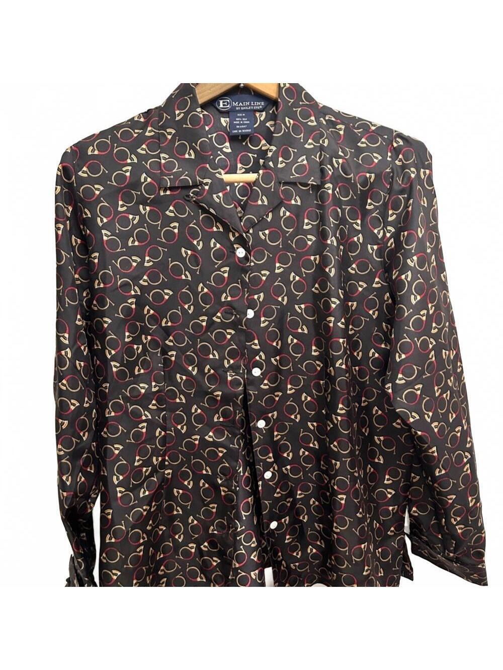 Vintage 90s Eagle's Eye Black 100% Silk Hunting Horn Blouse
